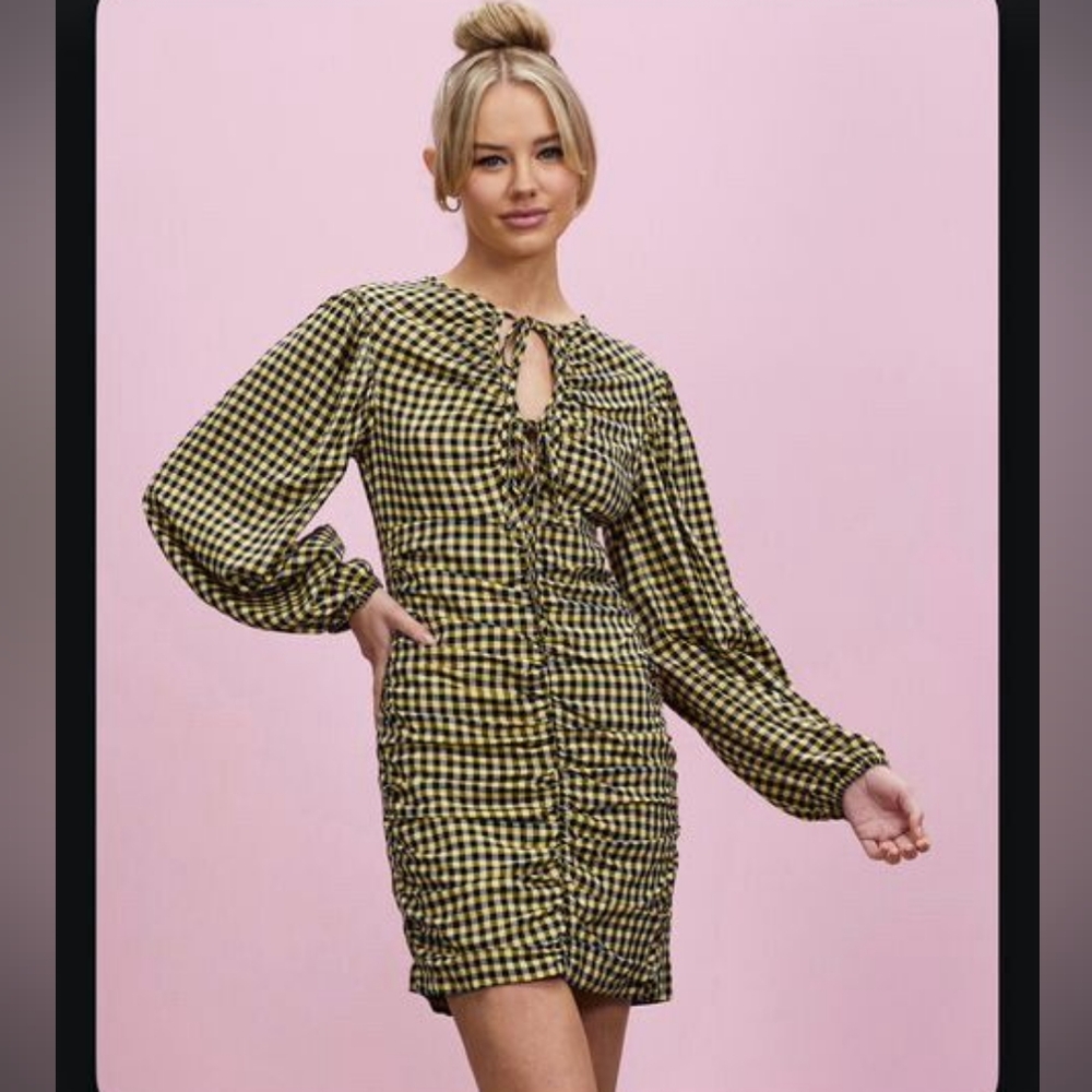 NWT TOPSHOP Ruched Mini Checkered Dress in Black and Yellow